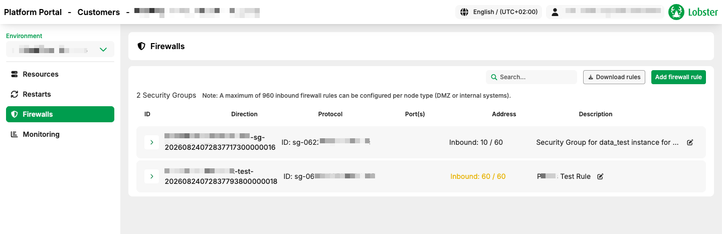 Overview of firewall settings with two security groups and their configurations displayed.